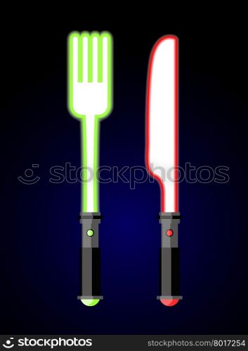 light cutlery. Knife and fork in style of future star war. Glow plug power. Handle with button. Space set devices for food&#xA;