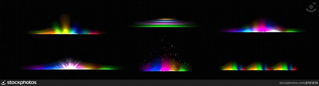 Light dividers, rainbow sunshine, glow effect lines with colorful light glitter, sparks and star dust. Vibrant glowing backlight shine stripes graphic design elements, Realistic 3d vector illustration. Light dividers, rainbow sunshine, glow effect line