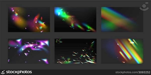 Light effect diamond prism flare collection. Backgrounds with rainbow crystal reflection, lens refraction, glass, jewelry or gem stone glare, optical physics illusion, Realistic 3d vector illustration. Light effect diamond prism flare collection, glare
