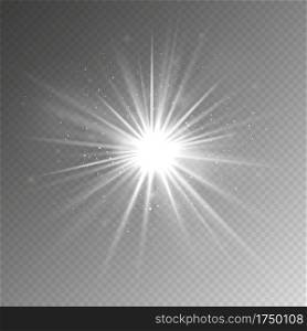 Light effect. Glow light star. Vector shining silver burst with sparkles isolated on transparent background. Illustration magic sparkle on transparent backdrop. Light effect. Glow light star. Vector shining silver burst with sparkles isolated on transparent background