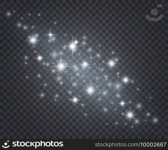 Light effect. Glowing star dust, sun flashes with rays. Isolated starburst with sparkles. Christmas decoration vector background. Flare light sparkle, white effect glow illustration. Light effect. Glowing star dust, sun flashes with rays. Isolated starburst with sparkles. Christmas decoration vector background