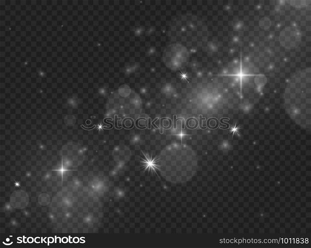 Light effect. Magic glowing stardust, white transparent sparkles. Abstract christmas flare, silver holiday glitter vector glow spark lighting design background. Light effect. Magic glowing stardust, white transparent sparkles. Abstract christmas flare, silver holiday glitter vector background