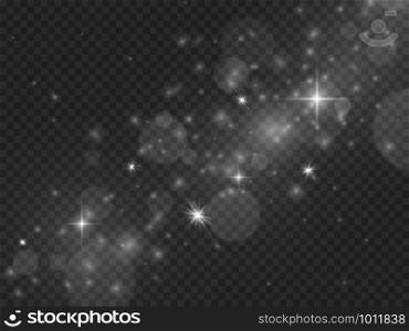 Light effect. Magic glowing stardust, white transparent sparkles. Abstract christmas flare, silver holiday glitter vector glow spark lighting design background. Light effect. Magic glowing stardust, white transparent sparkles. Abstract christmas flare, silver holiday glitter vector background