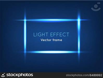 Light effect vector frame. Shining lines forming rectangle on gradient blue background. Highlighting by magic glowing. Expressive and attractive design element for ad, city lights, web design. Blue Line Vector Frame Made with Light Effect. Blue Line Vector Frame Made with Light Effect