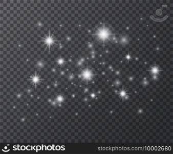 Light effect. White sparks and star glittering, flare sparkle. Christmas design radiance magic elements, star dust Isolated vector set. Illustration christmas white radiance star, starburst glittering. Light effect. White sparks and star glittering, flare sparkle. Christmas design radiance magic elements, star dust Isolated vector set