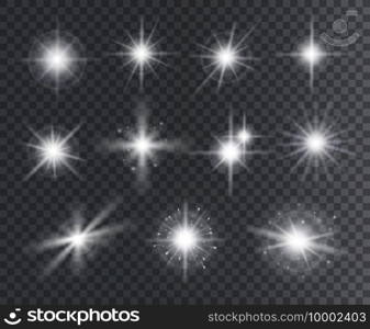 Light effect. White star sparks, bright flare with rays. Magic glowing dust particles. Christmas abstract elements isolated vector set. Illustration magic flare, sparkle vibrant christmas star. Light effect. White star sparks, bright flare with rays. Magic glowing dust particles. Christmas abstract elements isolated vector set