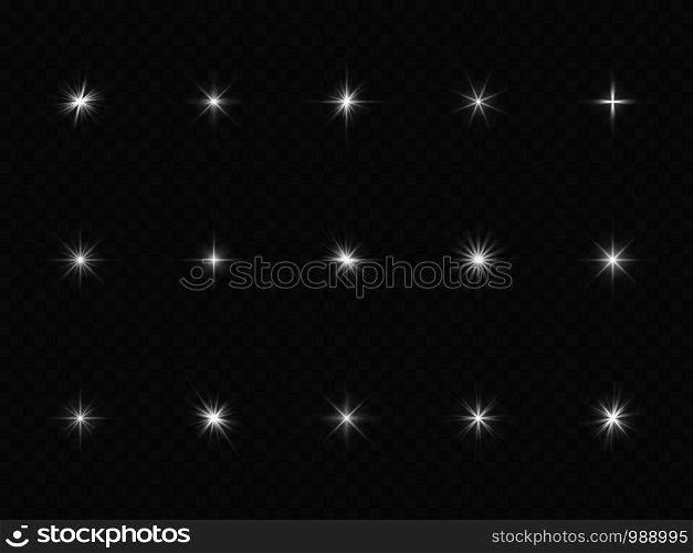 Light effect. White starburst sparks, bright optical flare with rays. Glowing dust particles. Christmas abstract vector isolated galaxy flash dark lighting elements. Light effect. White starburst sparks, bright optical flare with rays. Glowing dust particles. Christmas abstract vector isolated elements