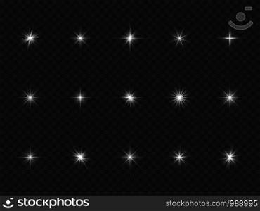Light effect. White starburst sparks, bright optical flare with rays. Glowing dust particles. Christmas abstract vector isolated galaxy flash dark lighting elements. Light effect. White starburst sparks, bright optical flare with rays. Glowing dust particles. Christmas abstract vector isolated elements