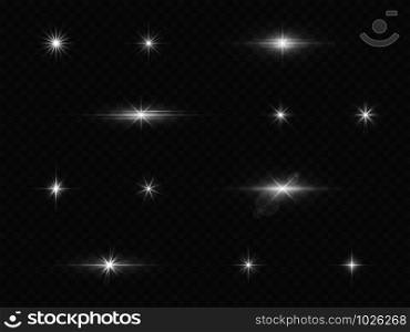 Light effect. Xmas glowing stardust, white galaxy sparkles. Abstract christmas star flare, silver holiday glitter isolated vector illumination flash concept set. Light effect. Xmas glowing stardust, white galaxy sparkles. Abstract christmas star flare, silver holiday glitter isolated vector set