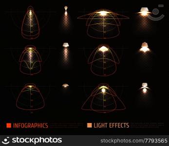 Light effects infographics with bulbs, lampshades and schemes measurements of illumination intensity on transparent background vector illustration. Light Effects Infographics