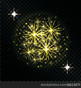 Light effects of burning sparklers in radiant circle with yellow glitter on dark transparent background vector illustration.. Light Effects of Burning Sparklers on Transparent