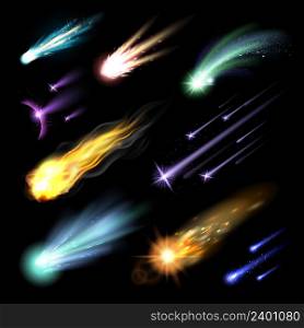 Light effects set with colorful meteors fireballs and comets isolated on black background vector illustration. Light Effects Set