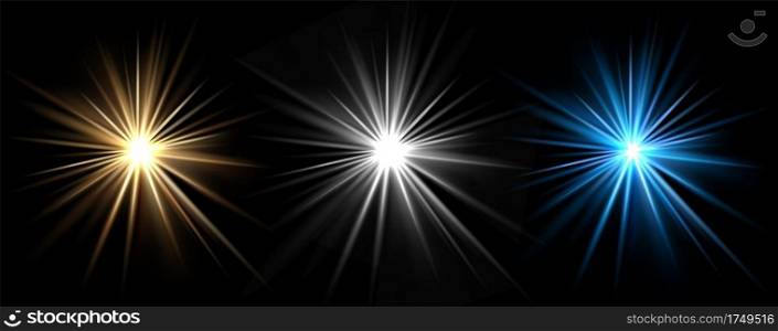 Light effects. Vector light stars. Glow bursts isolated on black background. Illustration flash light effect, blue and white. Light effects. Vector light stars. Glow bursts isolated on black background