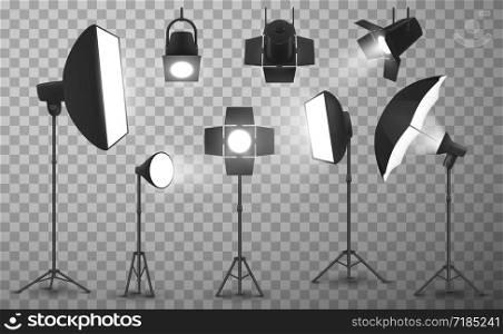 Light equipment of photo studio on transparent background, realistic vector design. 3d spotlights, tripod stands with softbox, stripbox and umbrella, flash lamps and stage barndoors. Photo studio light equipment realistic vector