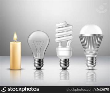 Light Evolution Concept. Realistic light evolution concept from candle to modern led bulb on glassy surface isolated vector illustration