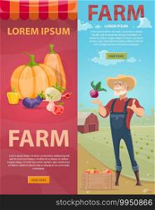 Light farming vertical banners with natural vegetables fruits and bearded farmer on green field landscape vector illustration