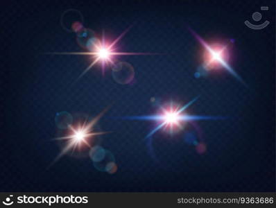 Light flare bright colorful effect on blue background. Optical lens glowing flashlight set. Glowing camera flash realistic sparkles. Vector illustration. Light flare bright colorful effect on blue background. Optical lens glowing flashlight set