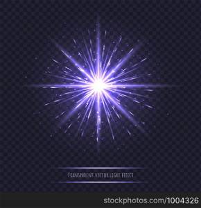 Light flare effect isolated on transparent background. Violet lens flare, sparkles, shining star with rays concept. Abstract luminous explosion.. Violet light flare effect isolated on transparent background.