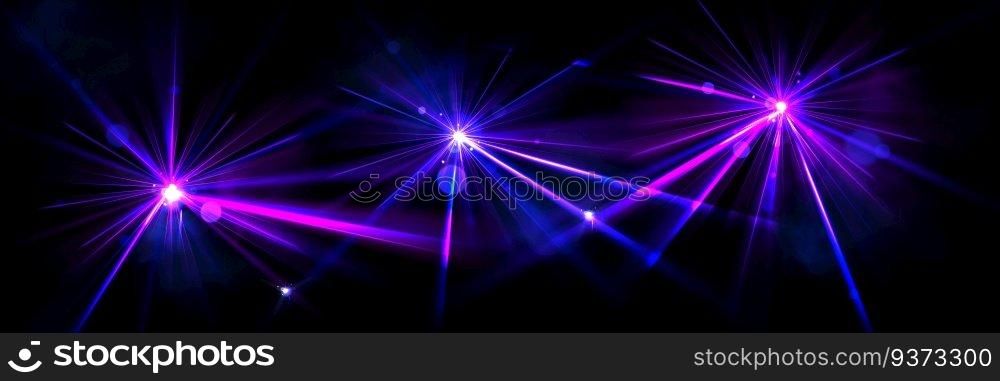 Light flare effects of star flash, burst or laser. Abstract purple glow, bright glares with beams of neon spotlight, projector or laser isolated on black background, vector realistic set. Light flare effects of star flash, burst or laser