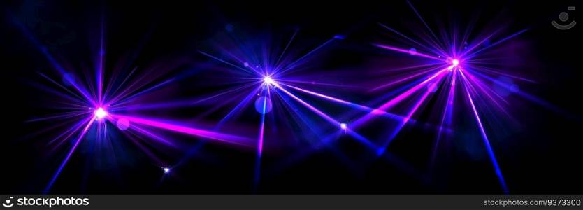 Light flare effects of star flash, burst or laser. Abstract purple glow, bright glares with beams of neon spotlight, projector or laser isolated on black background, vector realistic set. Light flare effects of star flash, burst or laser