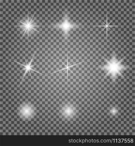 Light flare vector effect set. Flash lihgtning star isolated on transparent background. Shiny starlight spark on lens. Collection of magic christmas twinkle. Abstract glare explosion. Light flare vector effect set. Flash lightning
