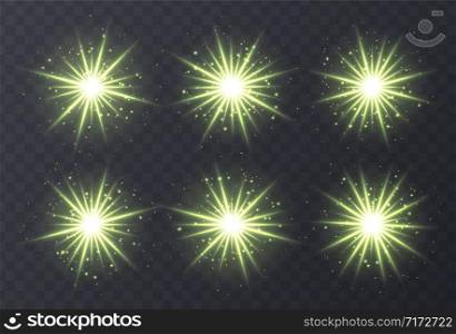 Light flares set isolated on transparent background. Green lens flares, bokeh, sparkles, shining stars with rays collection. Glowing vector light effect. Vector illustration.. Light flares set isolated on transparent background. Green lens flares, bokeh, sparkles, shining stars collection.