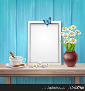 Light Frame Mockup. Light frame mockup with cup vase flowers and butterfly in realistic style vector illustration