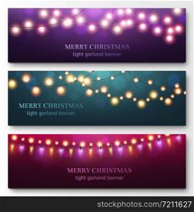 Light garland banners. Glowing light bulbs on strings, festive christmas party decor. Abstract xmas winter holidays flayers vector invitation luminous night background set. Light garland banners. Glowing light bulbs on strings, festive christmas party decor. Abstract xmas winter holidays flayers vector set