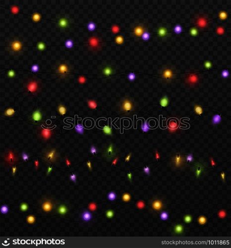 Light garlands. Glowing christmas multi-colored lights for greeting cards or banners, posters. Realistic led neon lamps vector hanging decorative bulb set. Light garlands. Glowing christmas multi-colored lights for greeting cards or banners, posters. Realistic led neon lamps vector set