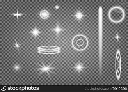 Light glow. Vector flare effect on transparent background. Star shine bright sparkle or burst. Shiny lens glare or flash spark. Abstract magic glitter element set. Christmas party decoration. Light glow. Vector flare, star effect, transparent