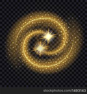 Light glowing effect swirls. Golden waves with shiny stars and sparkles on transparent background. Vector illustration