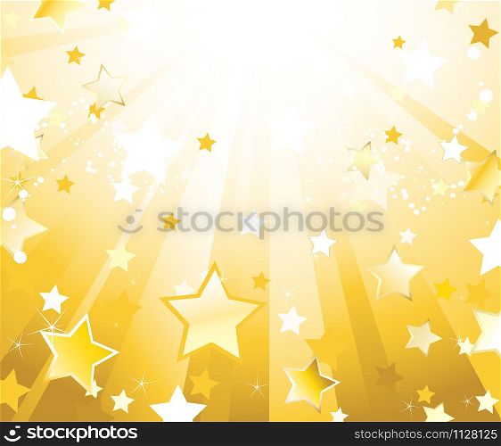 light gold background with illuminated direct rays of gold and sparkling stars, splodgy drops of white paint