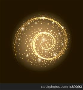 Light golden effect on black background. Neon spiral dynamic shape with shine of golden dust particles, sparkles and stars. Technology futuristic vector illustration