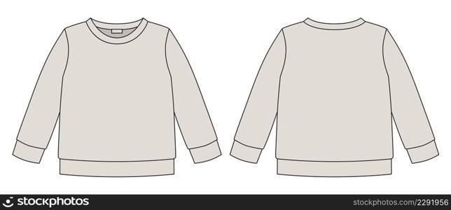 Light gray technical sketch sweatshirt. Kids wear jumper design template. Front and back view. Front and back view. CAD fashion design. Light gray technical sketch sweatshirt. Kids wear jumper design template