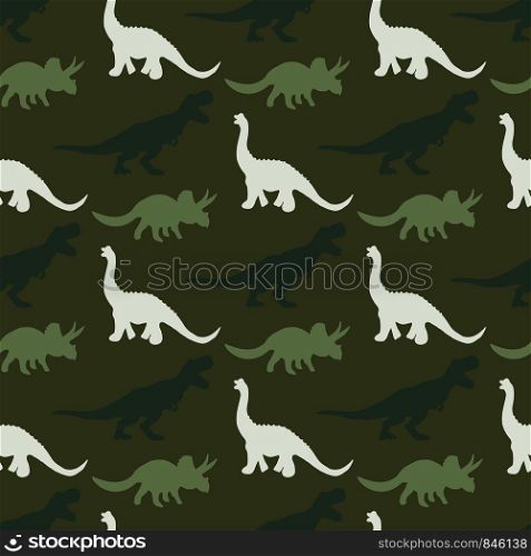 Light green dinosaurs silhouette seamless pattern on dark green colour background. Cute hand drawn sketch style textile, wrapping paper, background design. . Light green dinosaurs silhouette seamless pattern on dark green colour background