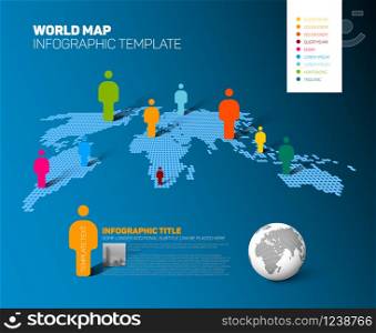 Light halftone World map infographic template with globe, color people icons as data visualization - blue version. World map infographic template with figures