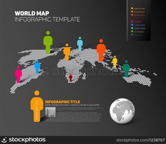 Light halftone World map infographic template with globe, color people icons as data visualization - dark version