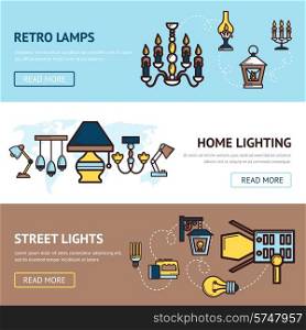 Light horizontal banners set with retro street and home lamps elements isolated vector illustration