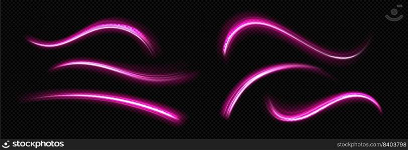 Light lines effect of neon glow motion trails. Magic pink waves, abstract flash trails, glowing curved and wavy lines isolated on transparent background, vector realistic illustration. Light lines effect of neon glow motion trails