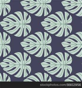 Light monstera stylized shapes ornament seamless doodle pattern. Navy blue background. Exotic plant print. Perfect for fabric design, textile print, wrapping, cover. Vector illustration.. Light monstera stylized shapes ornament seamless doodle pattern. Navy blue background. Exotic plant print.