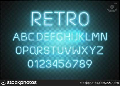 Light Neon Font Alphabet Vector . Glowing text effect. Neon tube blue letters isolated on transparent background. Vector illustration. Light Neon Font Alphabet Vector . Glowing text effect. Neon tube blue letters isolated on transparent background. Vector illustration EPS 10 .