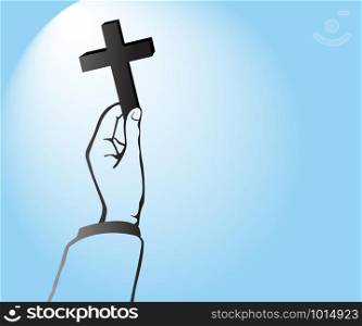light of God , hand holding Cross of Christianity and blue background vector