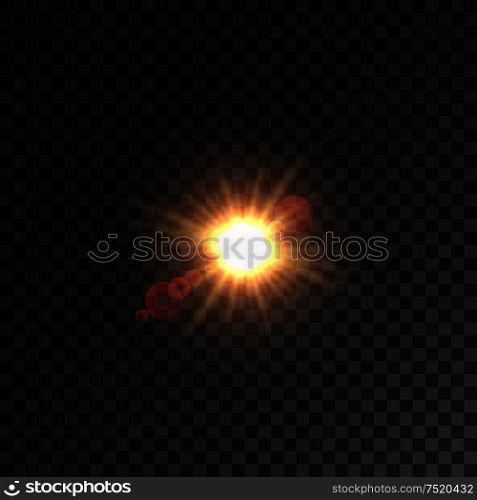 Light of sun with lens flare effect on transparent background. Star shining in sky with gleaming beams. Light of sun, star with lens flare effect