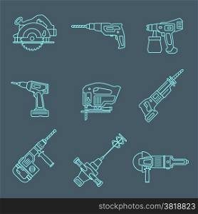light outline house remodel power tools icons on dark. vector light outline house repair electric devices icons set