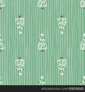 Light pastel green palette seamless pattern with doodle christmas tree toy silhouettes. Striped background. Designed for fabric design, textile print, wrapping, cover. Vector illustration.. Light pastel green palette seamless pattern with doodle christmas tree toy silhouettes. Striped background.