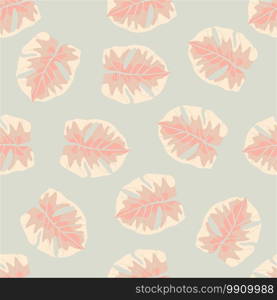 Light pastel seamless doodle pattern with random monstera leaves silhouettes. Pink and blue soft palette artwork. Perfect for fabric design, textile print, wrapping, cover. Vector illustration.. Light pastel seamless doodle pattern with random monstera leaves silhouettes. Pink and blue soft palette artwork.