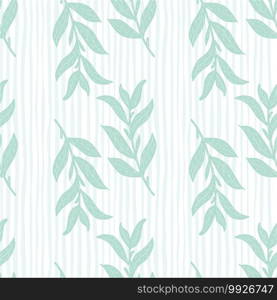 Light pastel tones seamless pattern with doodle leaf branches silhouettes on striped background. Designed for fabric design, textile print, wrapping, cover. Vector illustration.. Light pastel tones seamless pattern with doodle leaf branches silhouettes on striped background.