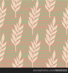 Light pink tones leaves branches silhouettes seamless pattern. Stylized botanic artwork on stripped background. Decorative print for wallpaper, textile, wrapping, fabric print. Vector illustration.. Light pink tones leaves branches silhouettes seamless pattern. Stylized botanic artwork on stripped background.