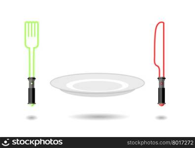 Light Plug and light knife. Cutlery from future as from star war. Weightless cutlery. An empty plate hangs in air. Lightsaber as cutlery.&#xA;