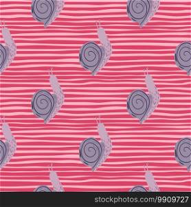 Light purple colored snails ornament seamless pattern. Stylized wildlife print with bright pink stripped background. Great for wallpaper, textile, wrapping paper, fabric print. Vector illustration.. Light purple colored snails ornament seamless pattern. Stylized wildlife print with bright pink stripped background.